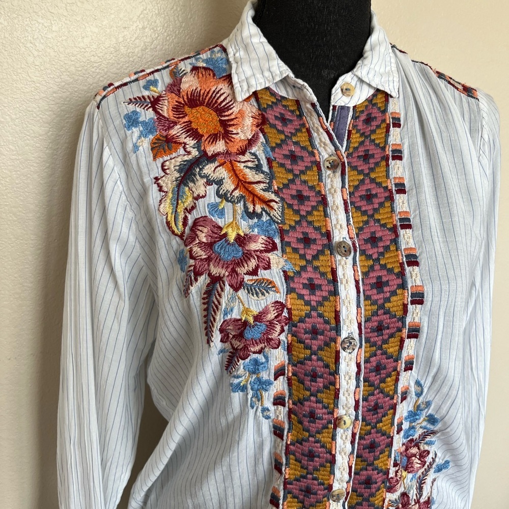 Johnny Was Caila Striped Blouse Floral Embroidery - Picture 3 of 11